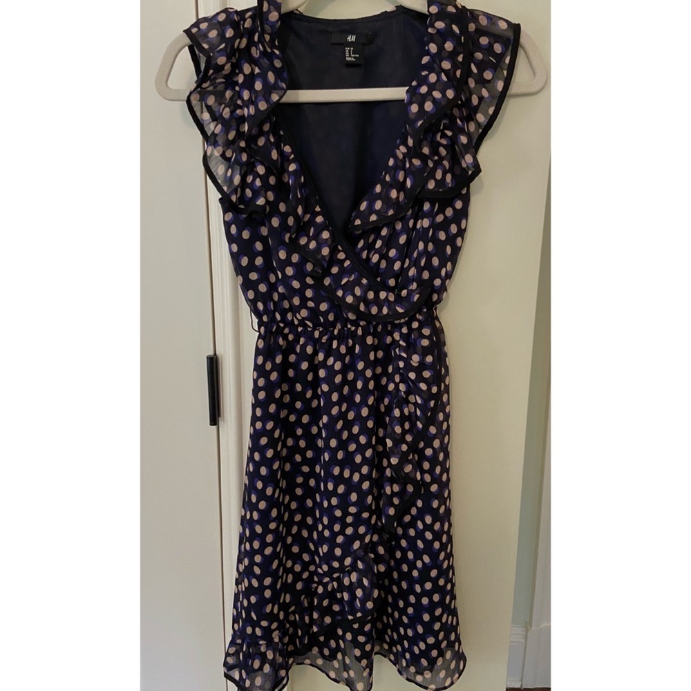 H&M Navy Polka Dot Ruffle V-Neck Flirty Dress